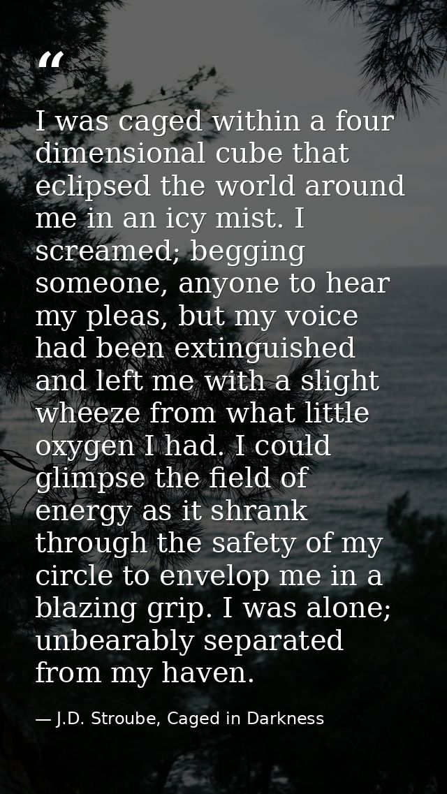 I was caged within a four dimensional cube that eclipsed the world around me in an icy mist. I screamed; begging someone — J.D. Stroube, Caged in Darkness