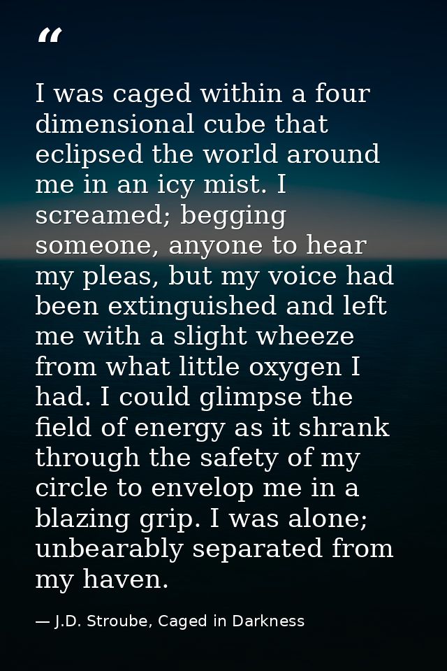 I was caged within a four dimensional cube that eclipsed the world around me in an icy mist. I screamed; begging someone — J.D. Stroube, Caged in Darkness