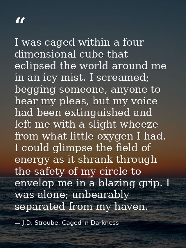 I was caged within a four dimensional cube that eclipsed the world around me in an icy mist. I screamed; begging someone — J.D. Stroube, Caged in Darkness