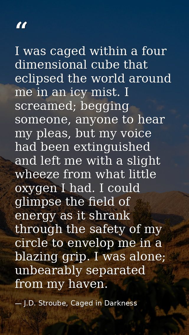 I was caged within a four dimensional cube that eclipsed the world around me in an icy mist. I screamed; begging someone — J.D. Stroube, Caged in Darkness