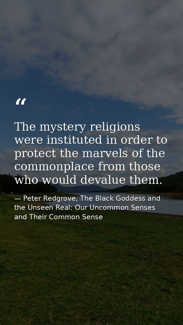 The mystery religions were instituted in order to protect the marvels of the commonplace from those who would devalue th — Peter Redgrove, The Black Goddess and the Unseen Real: Our Uncommon Senses and Their Common Sense