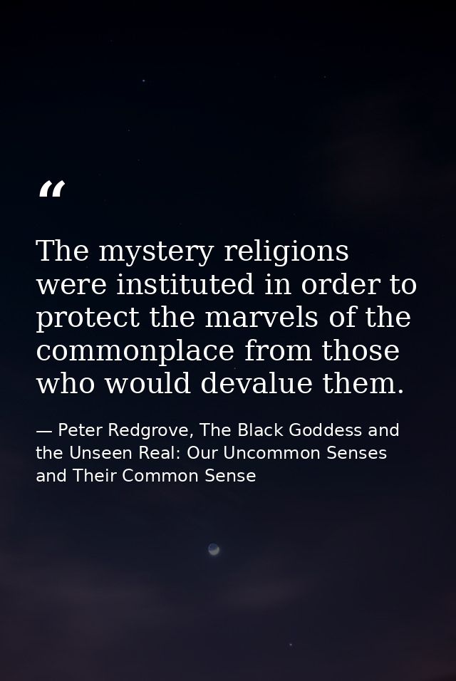The mystery religions were instituted in order to protect the marvels of the commonplace from those who would devalue th — Peter Redgrove, The Black Goddess and the Unseen Real: Our Uncommon Senses and Their Common Sense