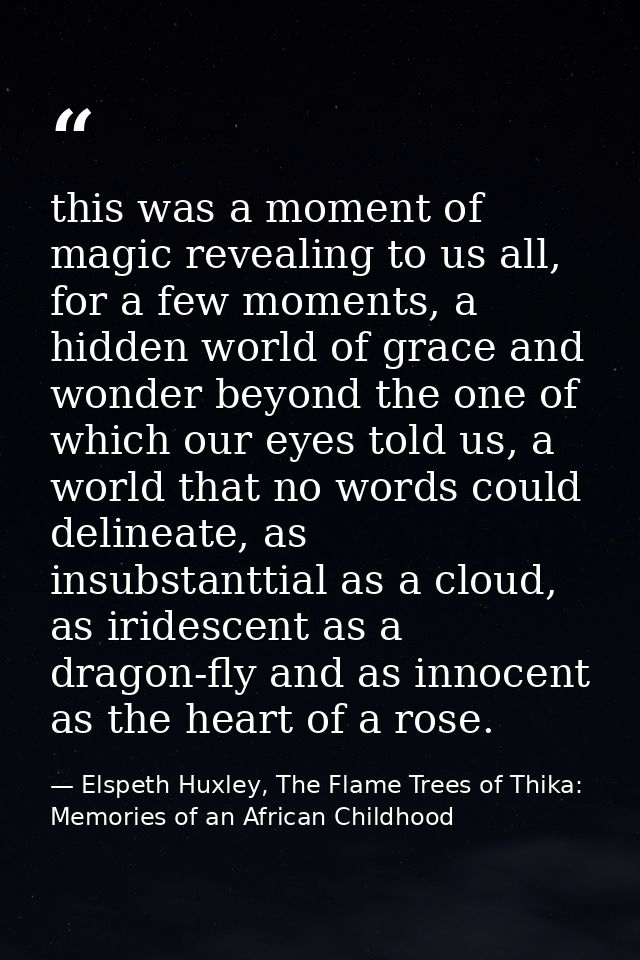 this was a moment of magic revealing to us all, for a few moments, a hidden world of grace and wonder beyond the one of  — Elspeth Huxley, The Flame Trees of Thika: Memories of an African Childhood