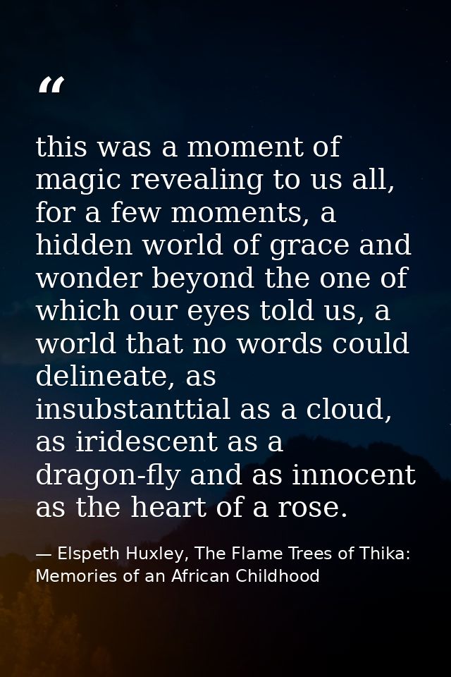 this was a moment of magic revealing to us all, for a few moments, a hidden world of grace and wonder beyond the one of  — Elspeth Huxley, The Flame Trees of Thika: Memories of an African Childhood