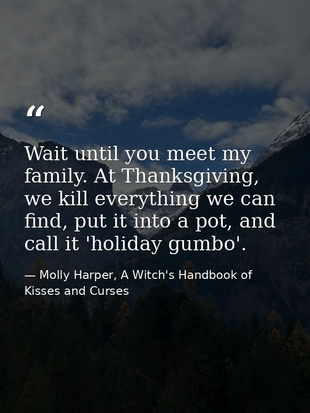 Wait until you meet my family. At Thanksgiving, we kill everything we can find, put it into a pot, and call it 'holiday  — Molly Harper, A Witch's Handbook of Kisses and Curses