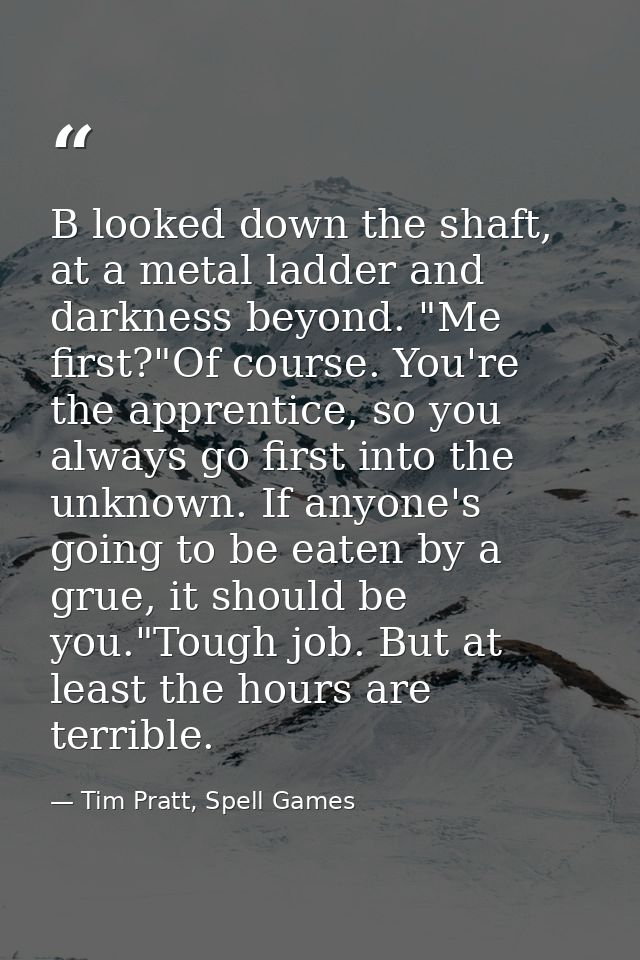 B looked down the shaft, at a metal ladder and darkness beyond. "Me first?"Of course. You're the apprentice, so you alwa — Tim Pratt, Spell Games