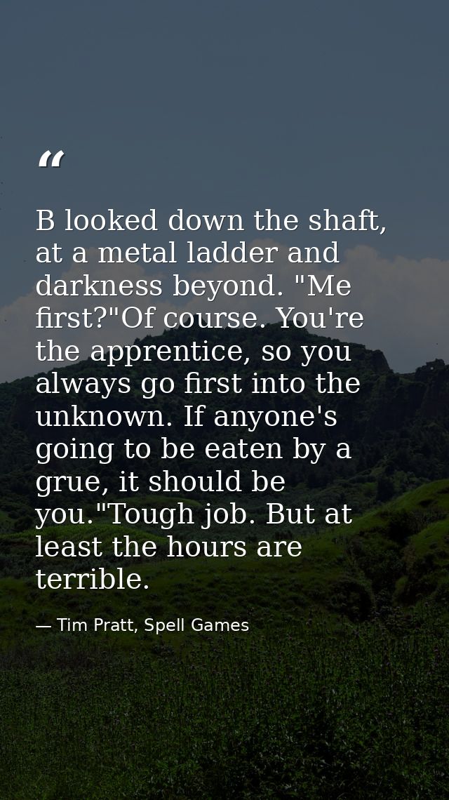 B looked down the shaft, at a metal ladder and darkness beyond. "Me first?"Of course. You're the apprentice, so you alwa — Tim Pratt, Spell Games