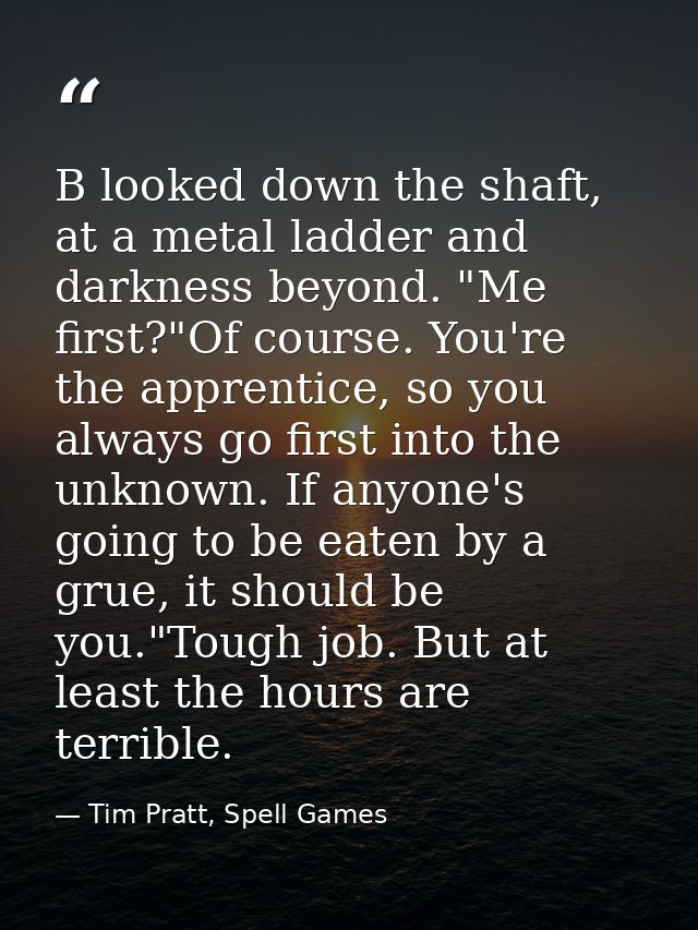 B looked down the shaft, at a metal ladder and darkness beyond. "Me first?"Of course. You're the apprentice, so you alwa — Tim Pratt, Spell Games