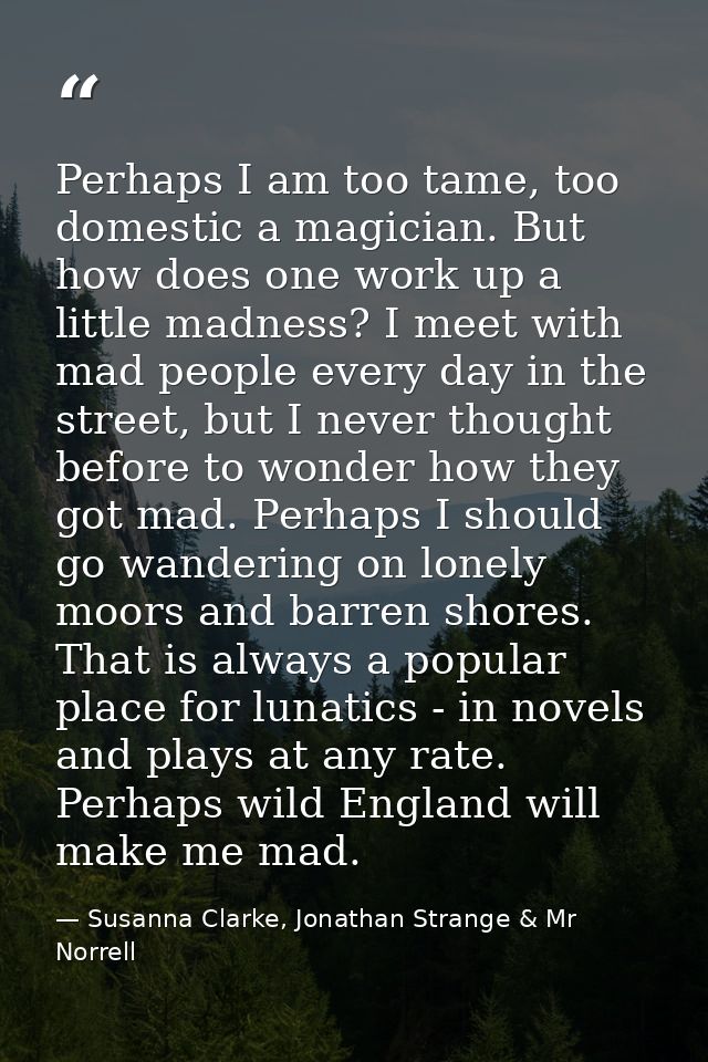 Perhaps I am too tame, too domestic a magician. But how does one work up a little madness? I meet with mad people every  — Susanna Clarke, Jonathan Strange & Mr Norrell