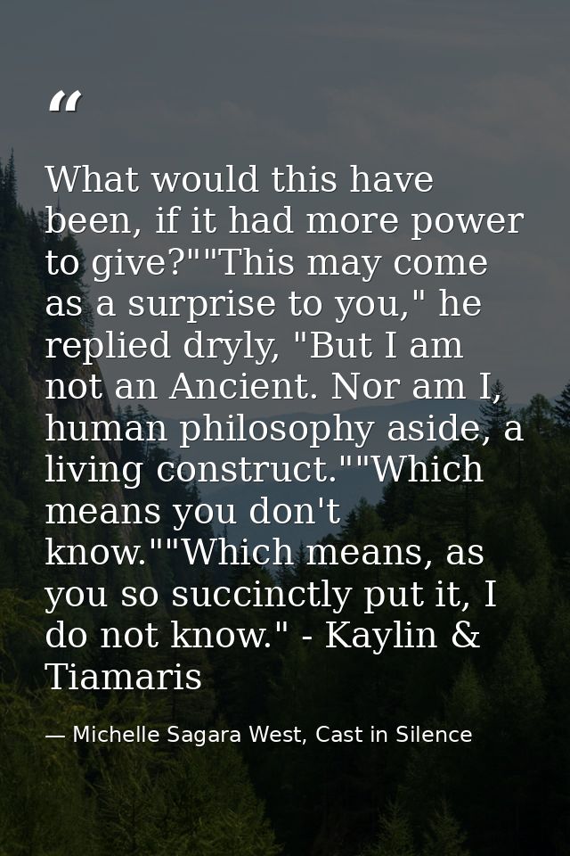 What would this have been, if it had more power to give?""This may come as a surprise to you," he replied dryly, "But I  — Michelle Sagara West, Cast in Silence