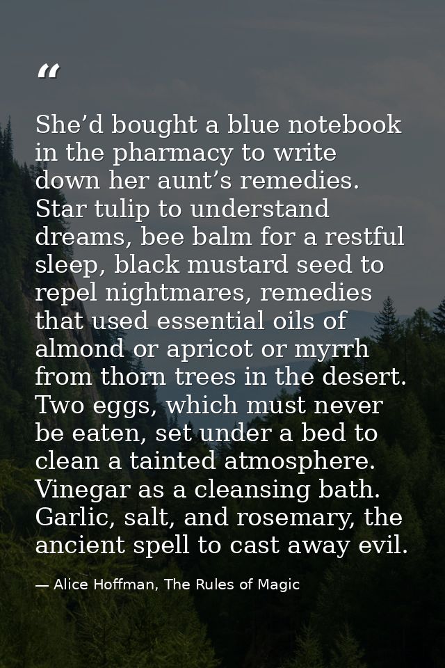 She’d bought a blue notebook in the pharmacy to write down her aunt’s remedies. Star tulip to understand dreams, bee bal — Alice Hoffman, The Rules of Magic