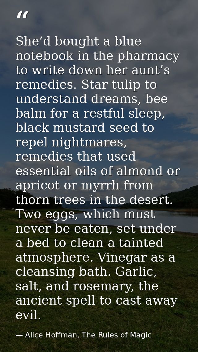 She’d bought a blue notebook in the pharmacy to write down her aunt’s remedies. Star tulip to understand dreams, bee bal — Alice Hoffman, The Rules of Magic