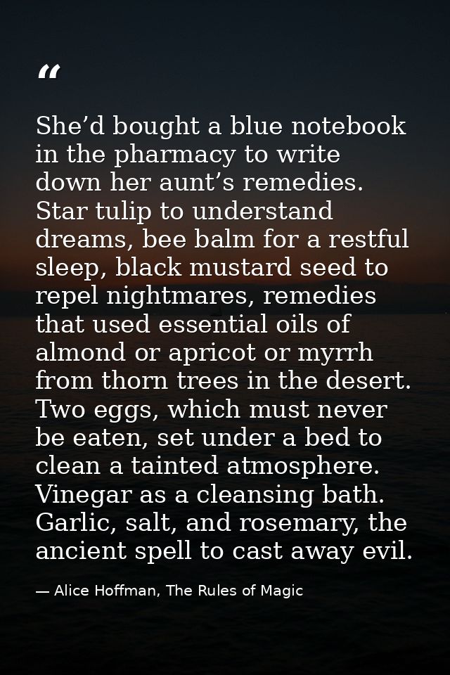 She’d bought a blue notebook in the pharmacy to write down her aunt’s remedies. Star tulip to understand dreams, bee bal — Alice Hoffman, The Rules of Magic