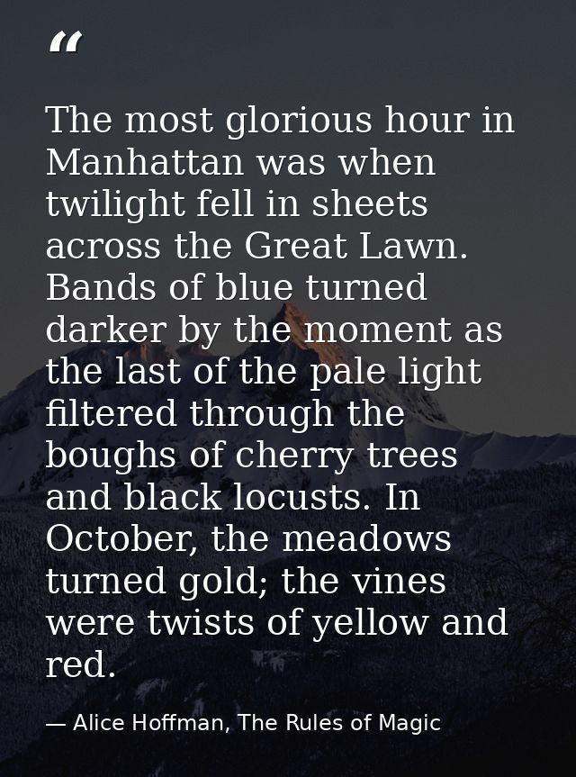 The most glorious hour in Manhattan was when twilight fell in sheets across the Great Lawn. Bands of blue turned darker  — Alice Hoffman, The Rules of Magic
