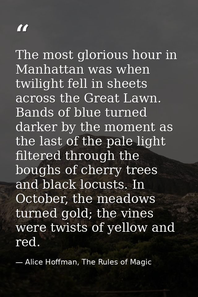 The most glorious hour in Manhattan was when twilight fell in sheets across the Great Lawn. Bands of blue turned darker  — Alice Hoffman, The Rules of Magic