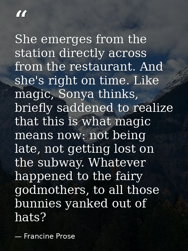 She emerges from the station directly across from the restaurant. And she's right on time. Like magic, Sonya thinks, bri — Francine Prose