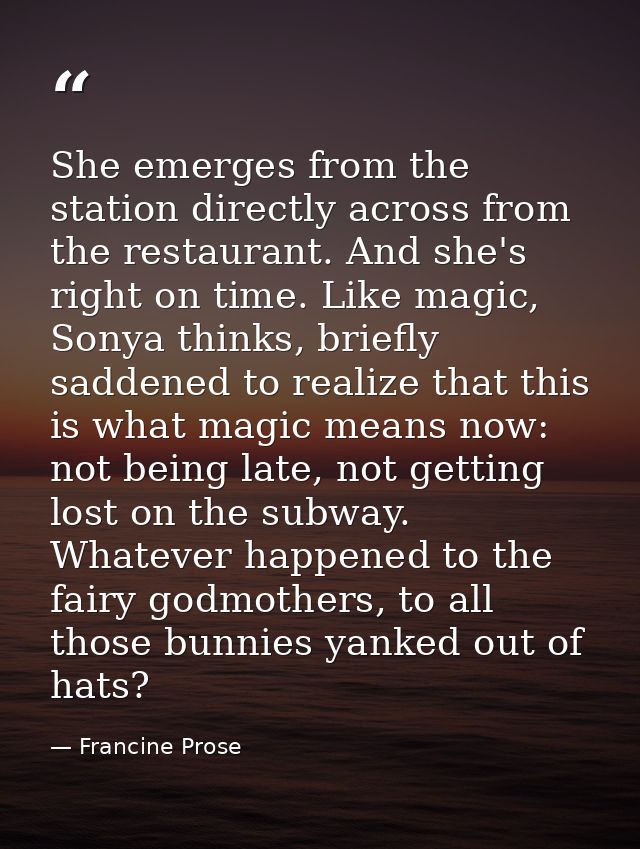 She emerges from the station directly across from the restaurant. And she's right on time. Like magic, Sonya thinks, bri — Francine Prose