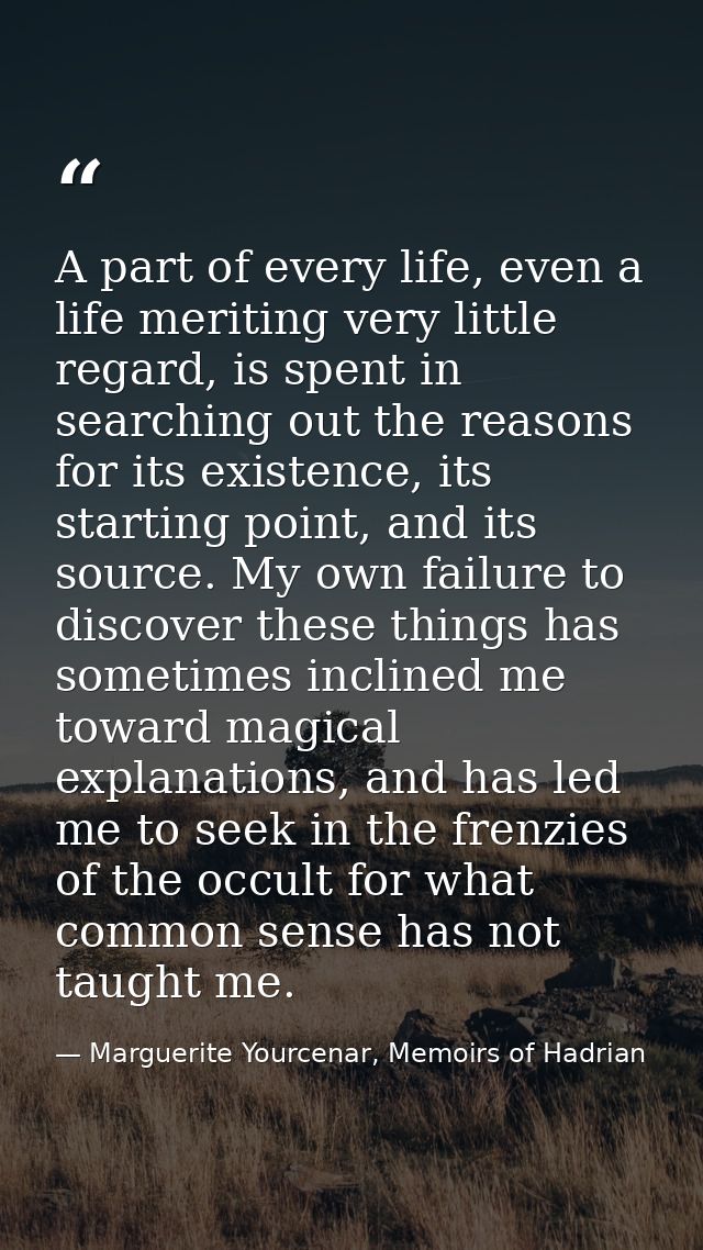 A part of every life, even a life meriting very little regard, is spent in searching out the reasons for its existence,  — Marguerite Yourcenar, Memoirs of Hadrian