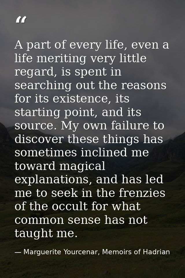 A part of every life, even a life meriting very little regard, is spent in searching out the reasons for its existence,  — Marguerite Yourcenar, Memoirs of Hadrian
