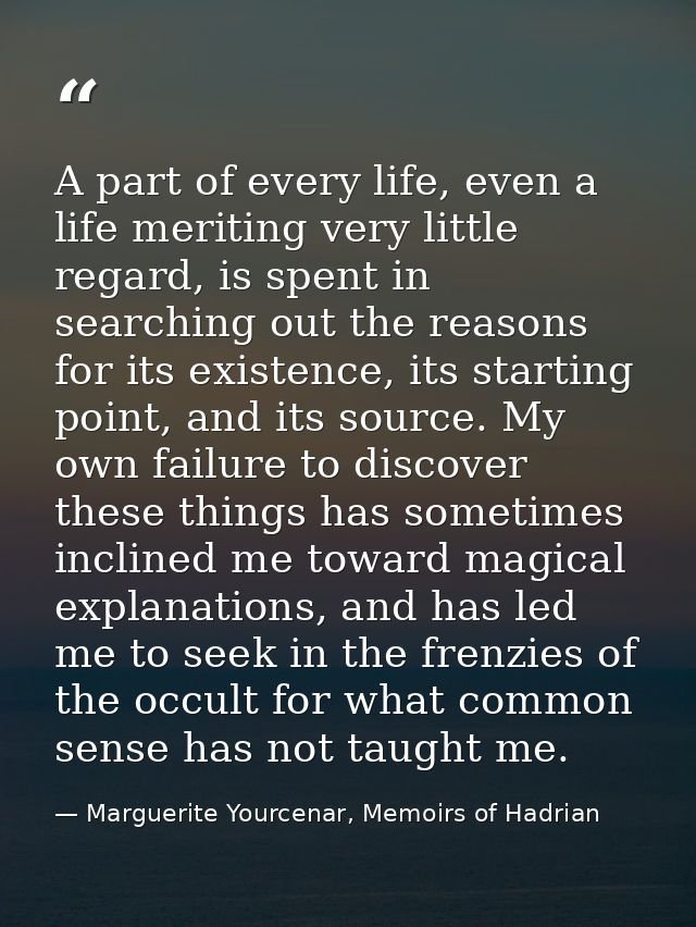 A part of every life, even a life meriting very little regard, is spent in searching out the reasons for its existence,  — Marguerite Yourcenar, Memoirs of Hadrian