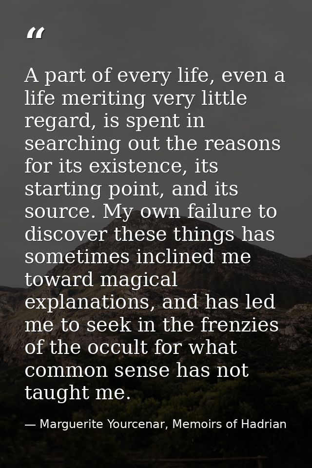 A part of every life, even a life meriting very little regard, is spent in searching out the reasons for its existence,  — Marguerite Yourcenar, Memoirs of Hadrian