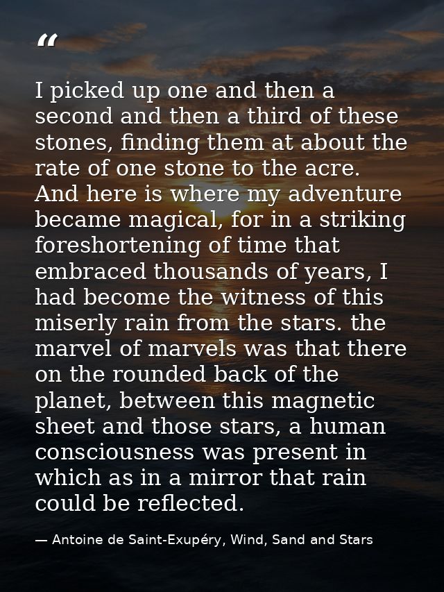 I picked up one and then a second and then a third of these stones, finding them at about the rate of one stone to the a — Antoine de Saint-Exupéry, Wind, Sand and Stars