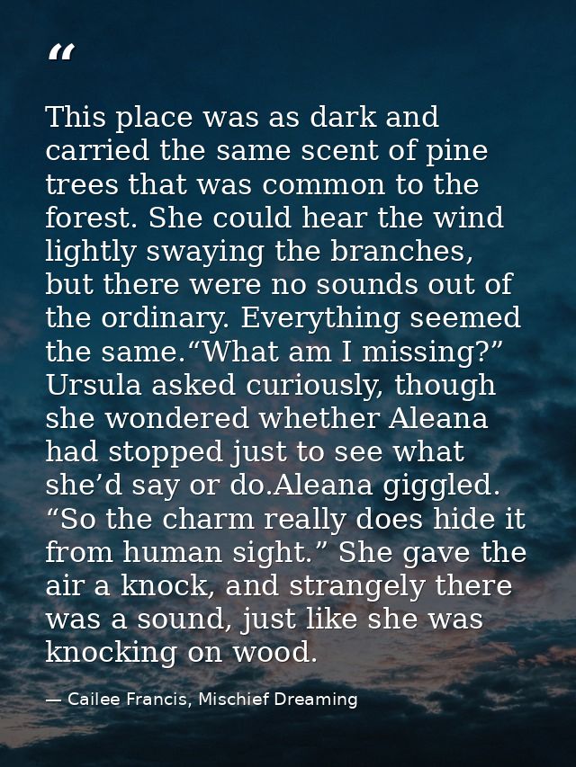 This place was as dark and carried the same scent of pine trees that was common to the forest. She could hear the wind l — Cailee Francis, Mischief Dreaming