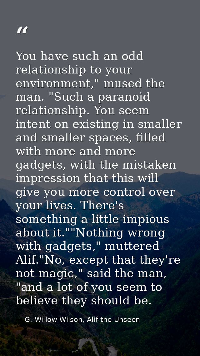 You have such an odd relationship to your environment," mused the man. "Such a paranoid relationship. You seem intent on — G. Willow Wilson, Alif the Unseen