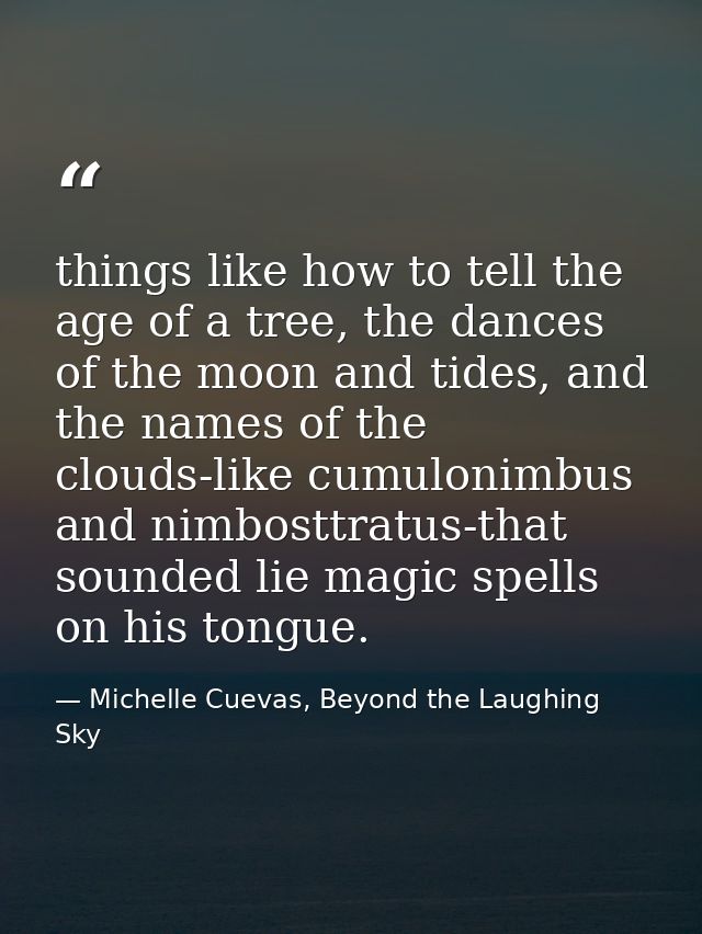 things like how to tell the age of a tree, the dances of the moon and tides, and the names of the clouds-like cumulonimb — Michelle Cuevas, Beyond the Laughing Sky