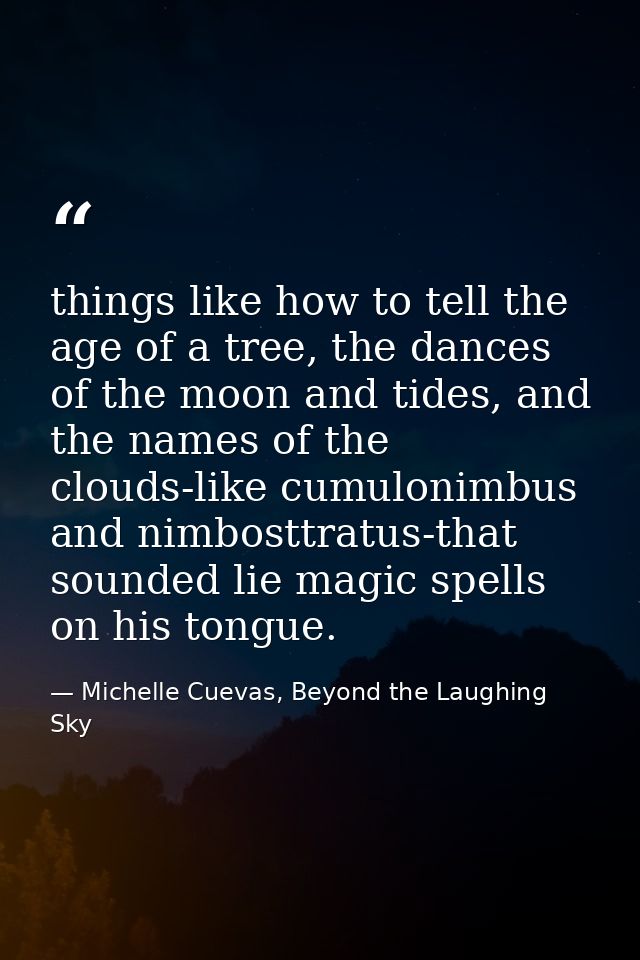things like how to tell the age of a tree, the dances of the moon and tides, and the names of the clouds-like cumulonimb — Michelle Cuevas, Beyond the Laughing Sky