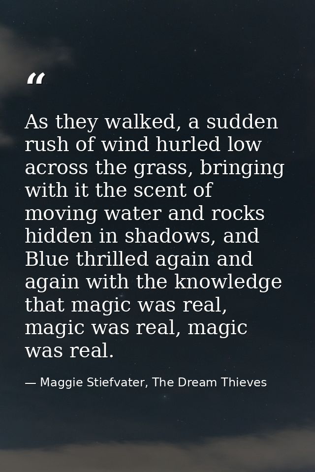 As they walked, a sudden rush of wind hurled low across the grass, bringing with it the scent of moving water and rocks  — Maggie Stiefvater, The Dream Thieves