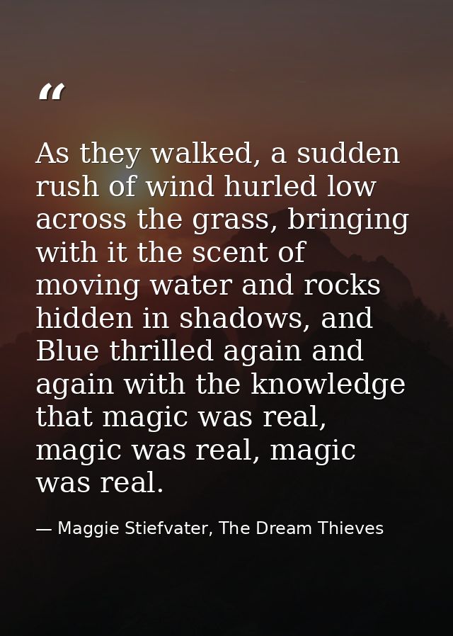 As they walked, a sudden rush of wind hurled low across the grass, bringing with it the scent of moving water and rocks  — Maggie Stiefvater, The Dream Thieves