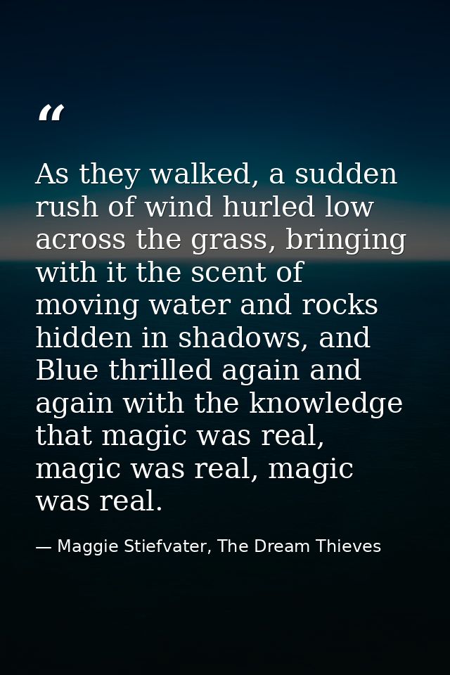 As they walked, a sudden rush of wind hurled low across the grass, bringing with it the scent of moving water and rocks  — Maggie Stiefvater, The Dream Thieves