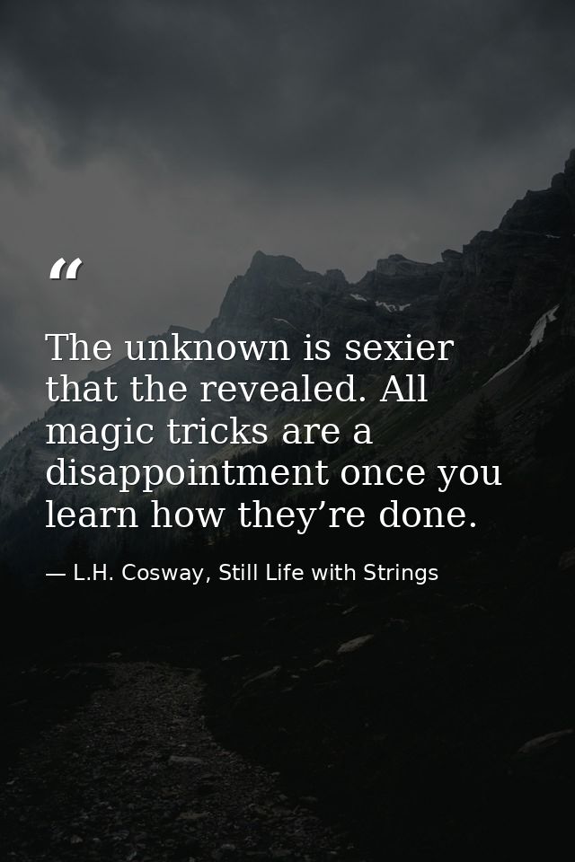 The unknown is sexier that the revealed. All magic tricks are a disappointment once you learn how they’re done. — L.H. Cosway, Still Life with Strings