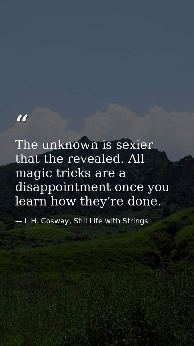 The unknown is sexier that the revealed. All magic tricks are a disappointment once you learn how they’re done. — L.H. Cosway, Still Life with Strings