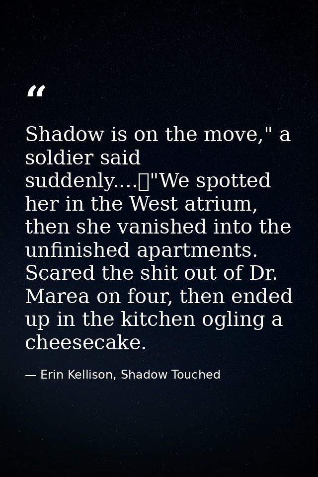 Shadow is on the move," a soldier said suddenly....	"We spotted her in the West atrium, then she vanished into the unfin — Erin Kellison, Shadow Touched