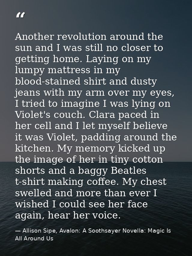 Another revolution around the sun and I was still no closer to getting home. Laying on my lumpy mattress in my blood-sta — Allison Sipe, Avalon: A Soothsayer Novella: Magic Is All Around Us