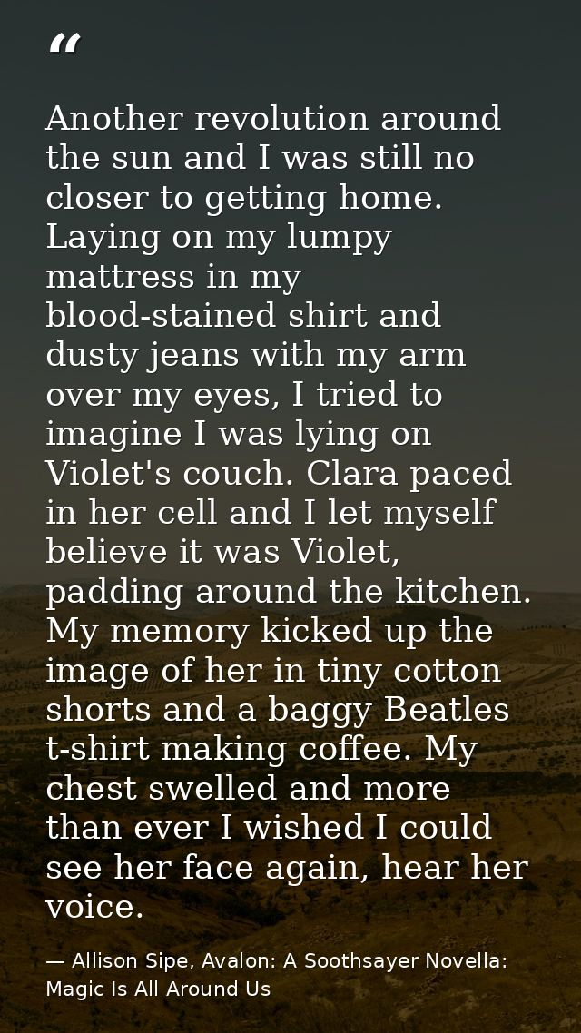 Another revolution around the sun and I was still no closer to getting home. Laying on my lumpy mattress in my blood-sta — Allison Sipe, Avalon: A Soothsayer Novella: Magic Is All Around Us