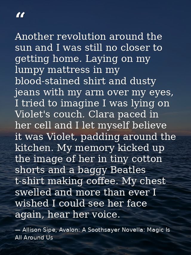 Another revolution around the sun and I was still no closer to getting home. Laying on my lumpy mattress in my blood-sta — Allison Sipe, Avalon: A Soothsayer Novella: Magic Is All Around Us