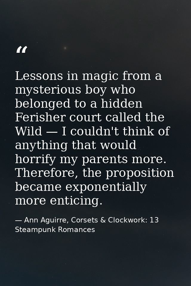 Lessons in magic from a mysterious boy who belonged to a hidden Ferisher court called the Wild — I couldn't think of any — Ann Aguirre, Corsets & Clockwork: 13 Steampunk Romances