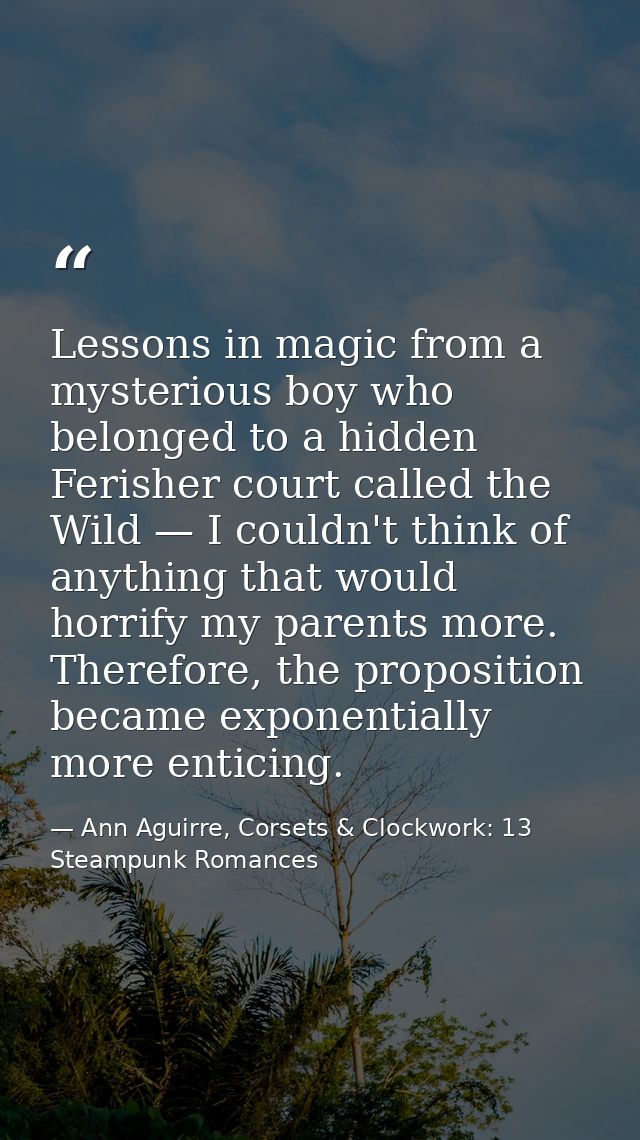 Lessons in magic from a mysterious boy who belonged to a hidden Ferisher court called the Wild — I couldn't think of any — Ann Aguirre, Corsets & Clockwork: 13 Steampunk Romances