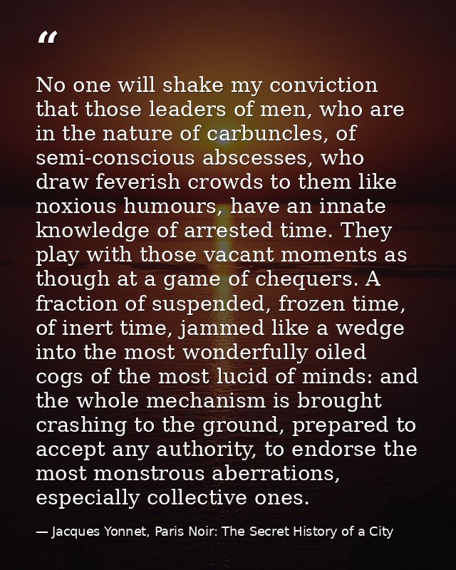 No one will shake my conviction that those leaders of men, who are in the nature of carbuncles, of semi-conscious absces — Jacques Yonnet, Paris Noir: The Secret History of a City