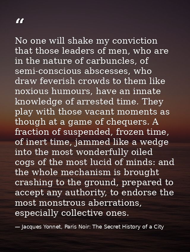 No one will shake my conviction that those leaders of men, who are in the nature of carbuncles, of semi-conscious absces — Jacques Yonnet, Paris Noir: The Secret History of a City