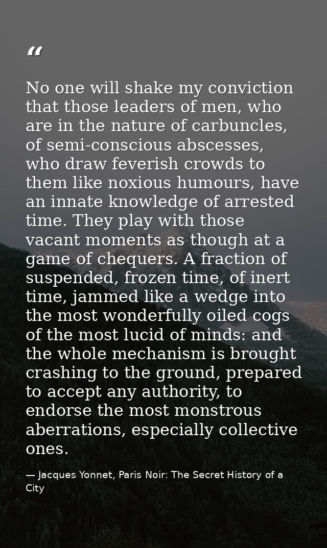 No one will shake my conviction that those leaders of men, who are in the nature of carbuncles, of semi-conscious absces — Jacques Yonnet, Paris Noir: The Secret History of a City