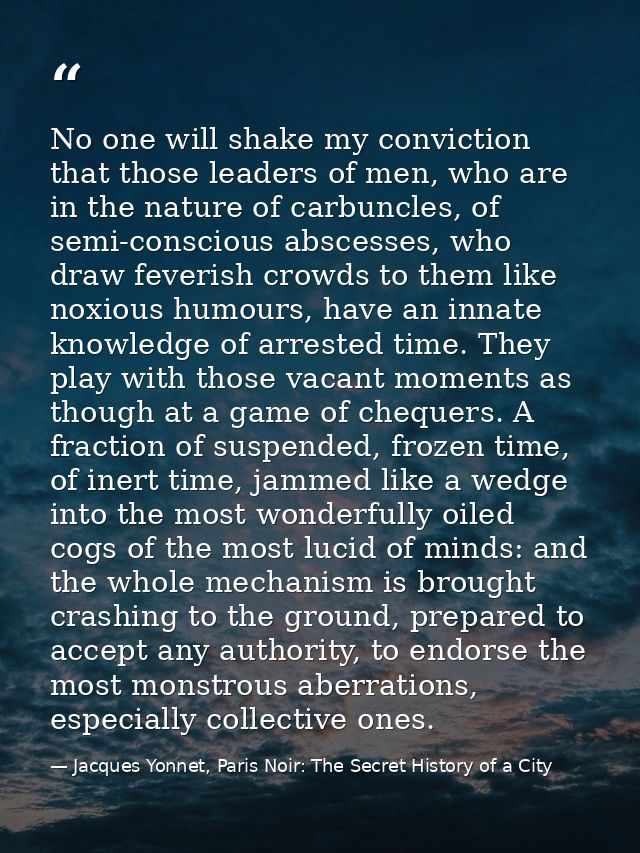 No one will shake my conviction that those leaders of men, who are in the nature of carbuncles, of semi-conscious absces — Jacques Yonnet, Paris Noir: The Secret History of a City
