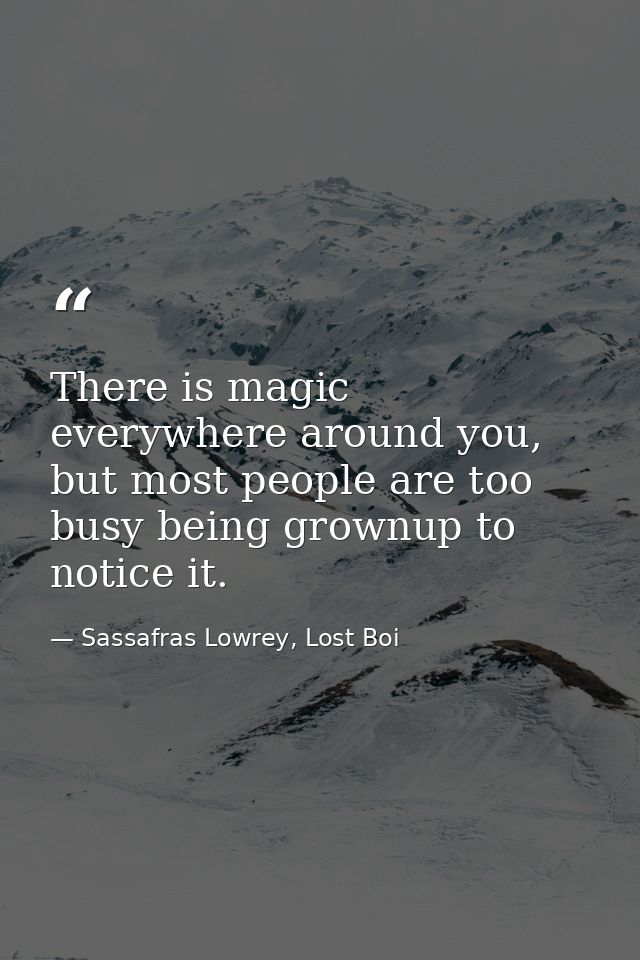There is magic everywhere around you, but most people are too busy being grownup to notice it. — Sassafras Lowrey, Lost Boi