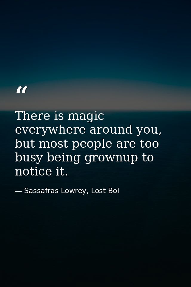 There is magic everywhere around you, but most people are too busy being grownup to notice it. — Sassafras Lowrey, Lost Boi