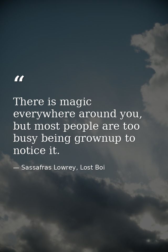 There is magic everywhere around you, but most people are too busy being grownup to notice it. — Sassafras Lowrey, Lost Boi