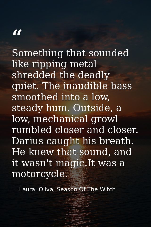 Something that sounded like ripping metal shredded the deadly quiet. The inaudible bass smoothed into a low, steady hum. — Laura  Oliva, Season Of The Witch