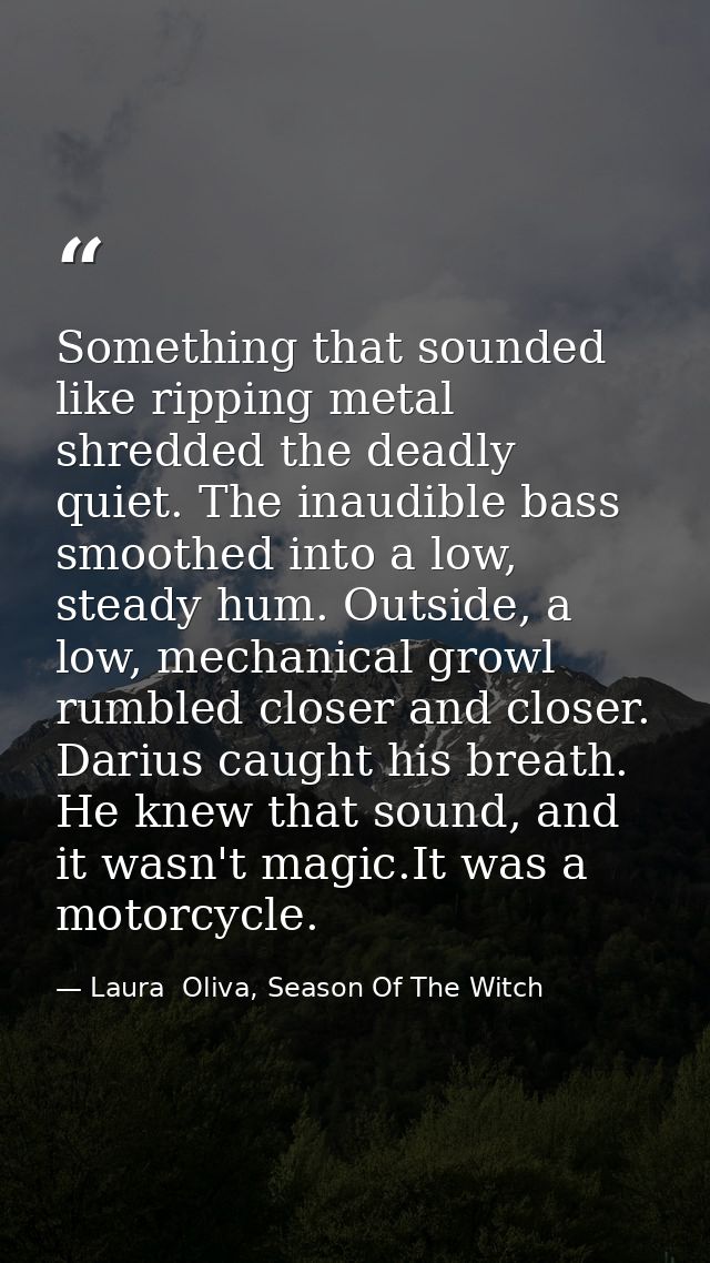 Something that sounded like ripping metal shredded the deadly quiet. The inaudible bass smoothed into a low, steady hum. — Laura  Oliva, Season Of The Witch